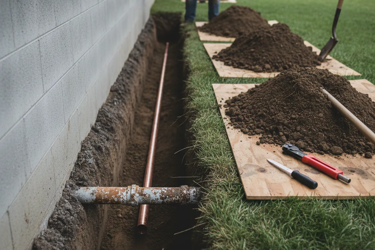 Excavated water line trench during Water Heater Repair in Rockford